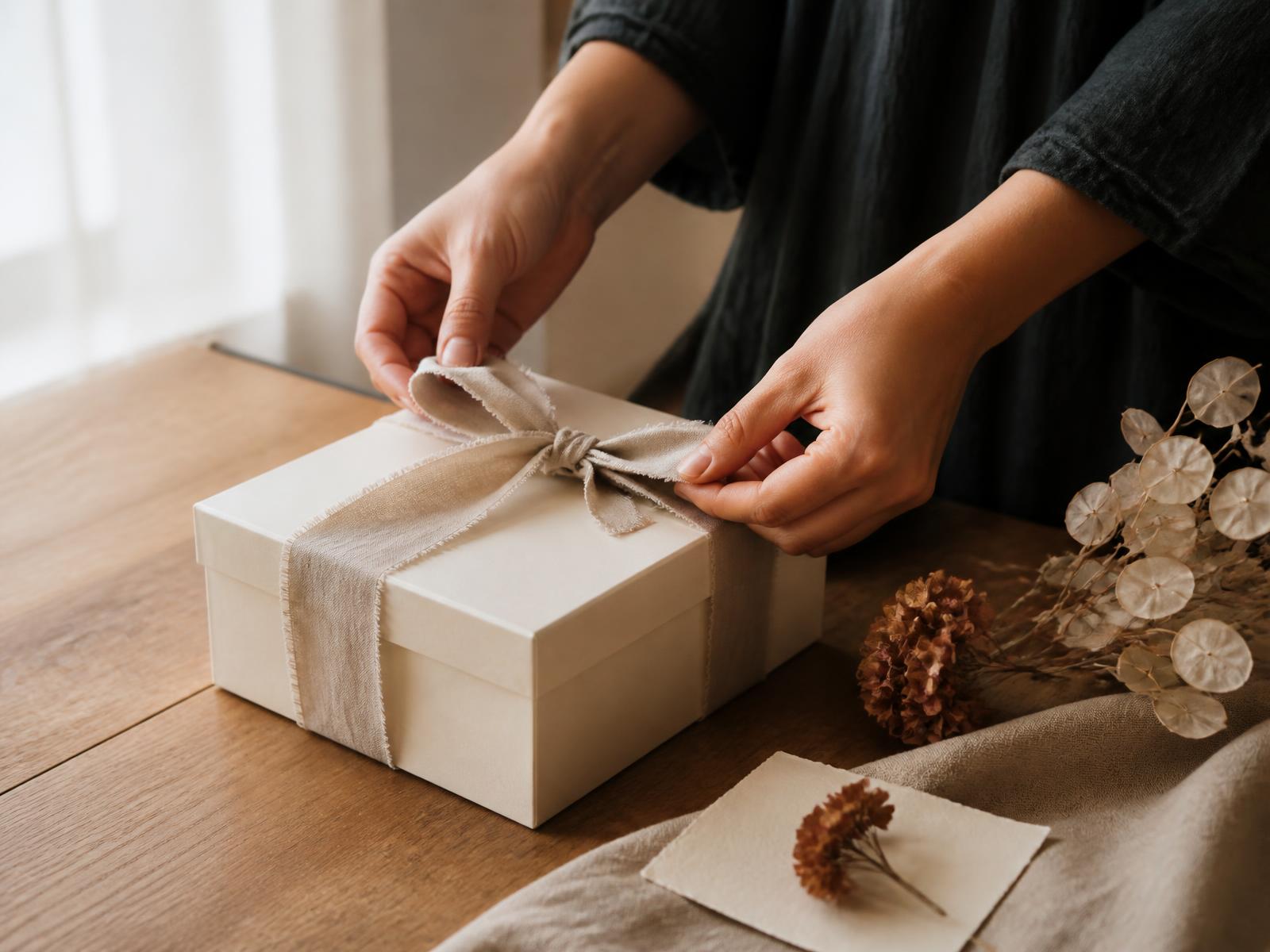 Hands tying a linen ribbon around a cream gift box beside dried flowers and a handwritten card